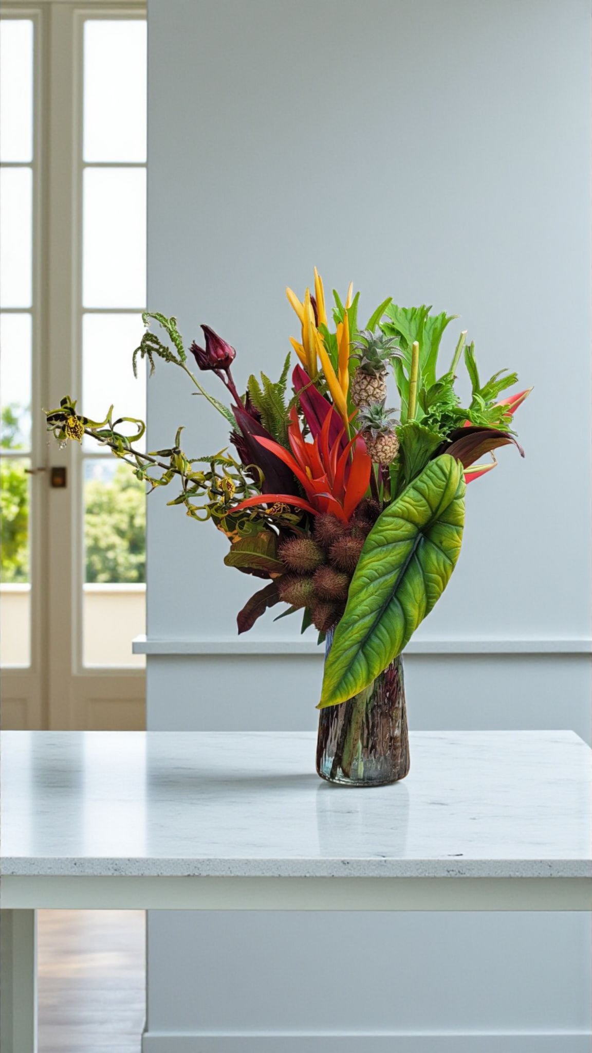 Arranjo tropical produzido pelo Studio das Flores para uma assinatura floral