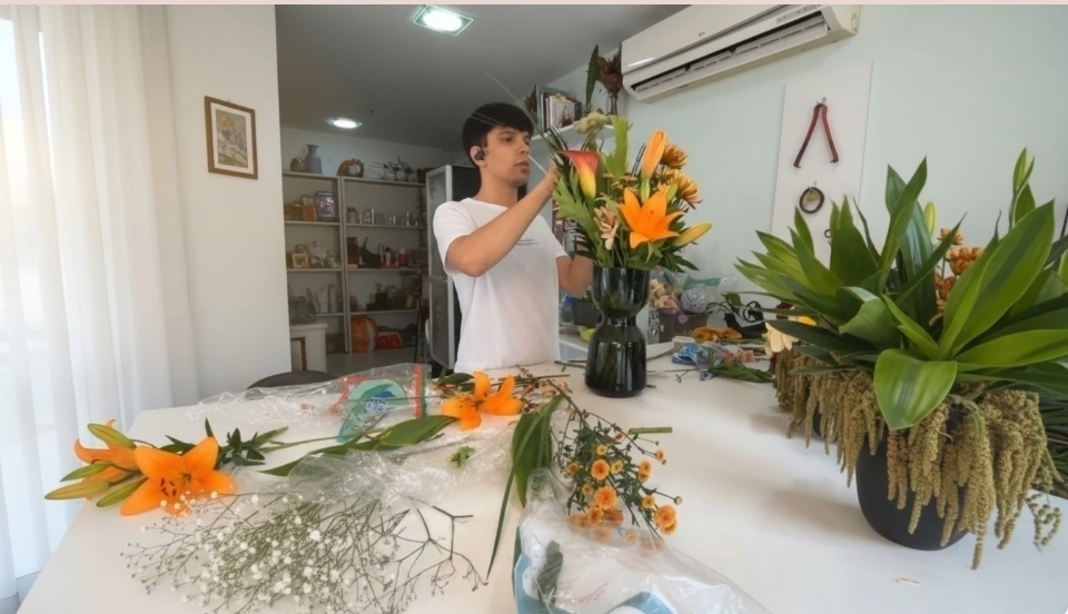 Marcio Santos criando um arranjo floral no Studio das Flores